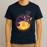Cute Halloween Glowing Pumpkin Jackolantern Witch Cat T-Shirt thumb 3