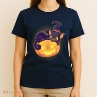 Cute Halloween Glowing Pumpkin Jackolantern Witch Cat T-Shirt thumb 4