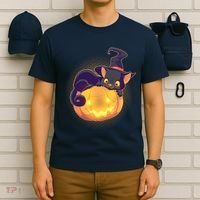Cute Halloween Glowing Pumpkin Jackolantern Witch Cat T-Shirt thumb 6