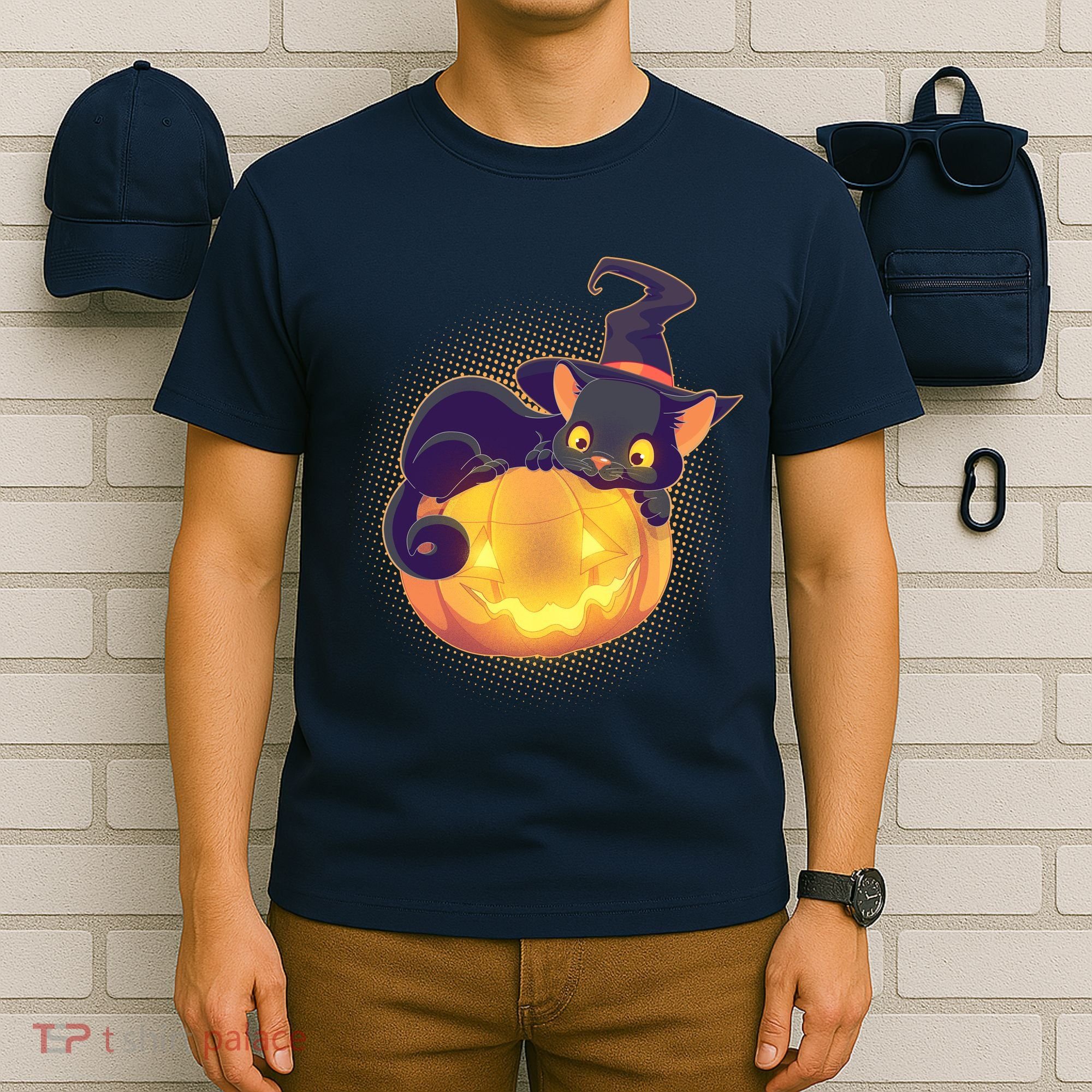 Cute Halloween Glowing Pumpkin Jackolantern Witch Cat T-Shirt
