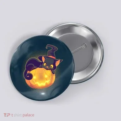 Cute Halloween Glowing Pumpkin Jackolantern Witch Cat Button