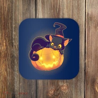 Cute Halloween Glowing Pumpkin Jackolantern Witch Cat Coaster