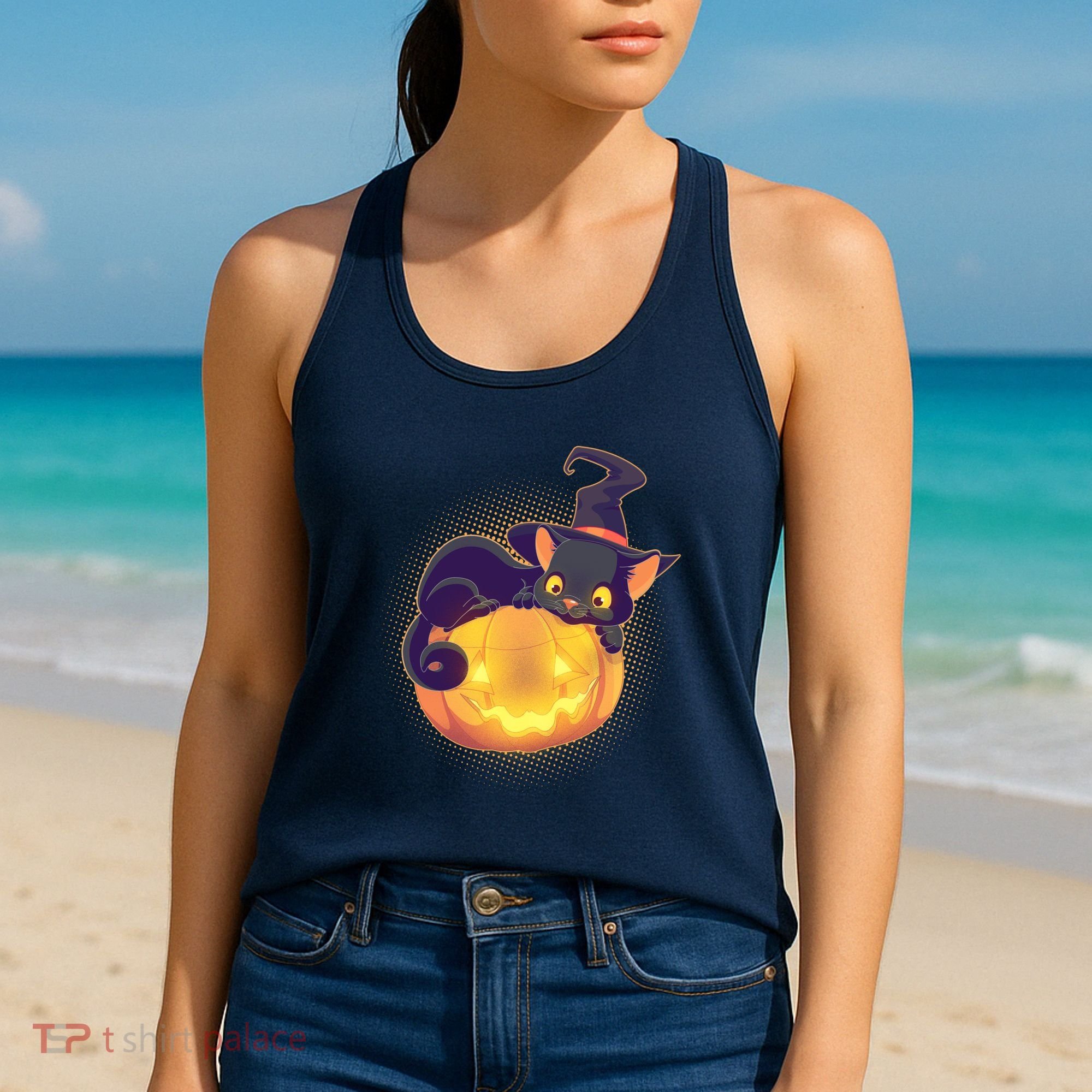 Cute Halloween Glowing Pumpkin Jackolantern Witch Cat Women's Tank Top