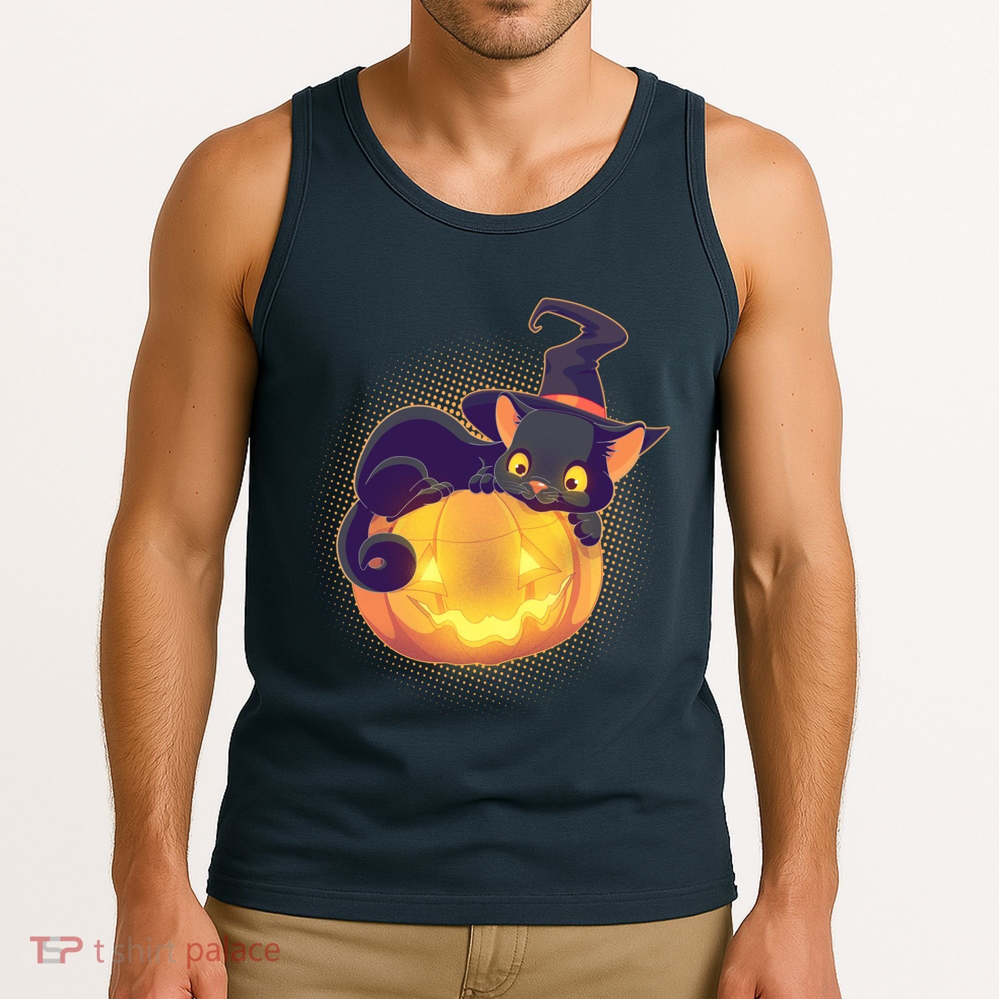 Cute Halloween Glowing Pumpkin Jackolantern Witch Cat Tank Top
