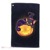 Cute Halloween Glowing Pumpkin Jackolantern Witch Cat Golf Towel thumb 0