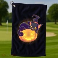 Cute Halloween Glowing Pumpkin Jackolantern Witch Cat Golf Towel thumb 1