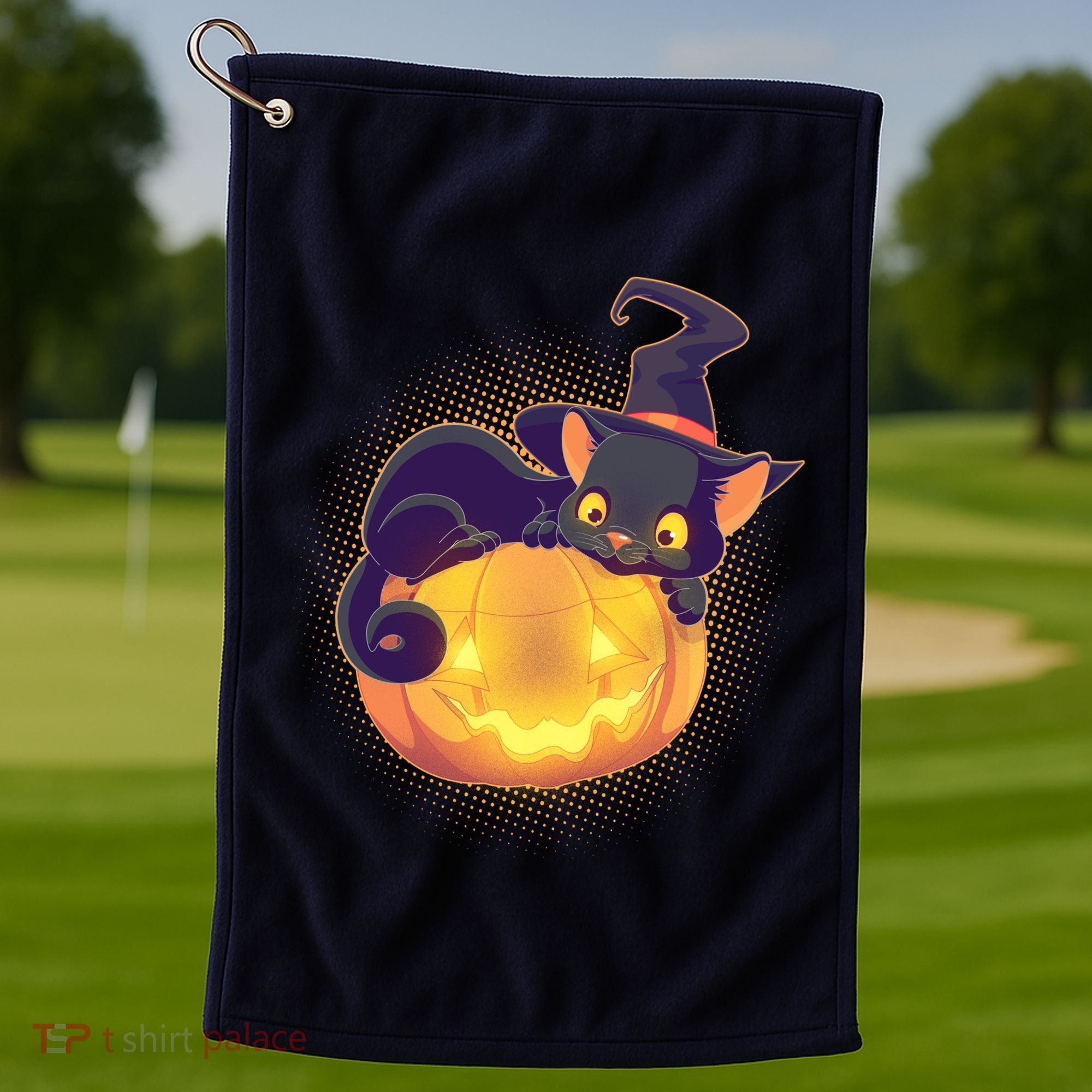 Cute Halloween Glowing Pumpkin Jackolantern Witch Cat Golf Towel