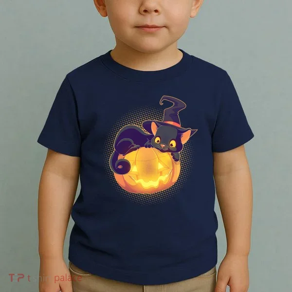 Cute Halloween Glowing Pumpkin Jackolantern Witch Cat Toddler T-Shirt