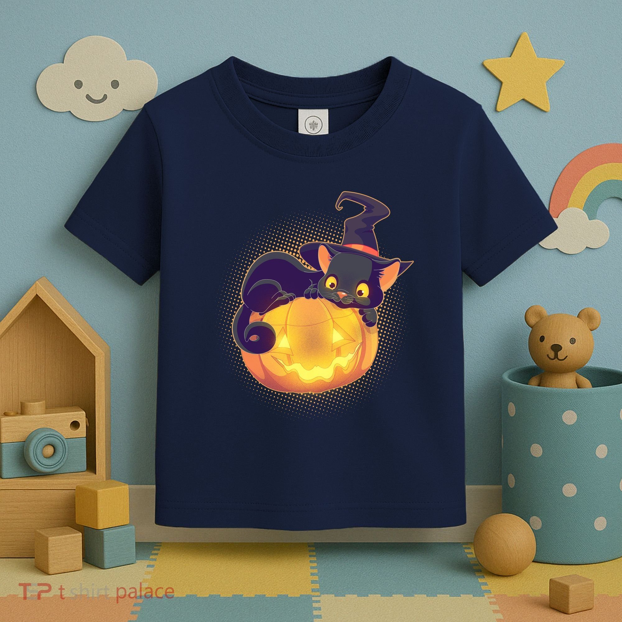 Cute Halloween Glowing Pumpkin Jackolantern Witch Cat Toddler T-Shirt
