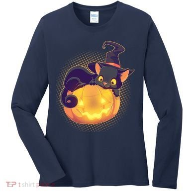 Cute Halloween Glowing Pumpkin Jackolantern Witch Cat Women's Long Sleeve Shirt