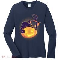 Cute Halloween Glowing Pumpkin Jackolantern Witch Cat Women's Long Sleeve Shirt thumb 0