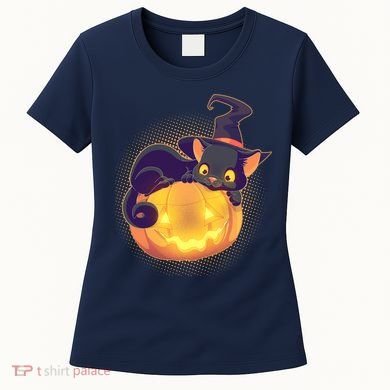 Cute Halloween Glowing Pumpkin Jackolantern Witch Cat Women's T-Shirt