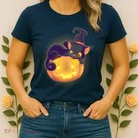 Cute Halloween Glowing Pumpkin Jackolantern Witch Cat Women's T-Shirt thumb 2