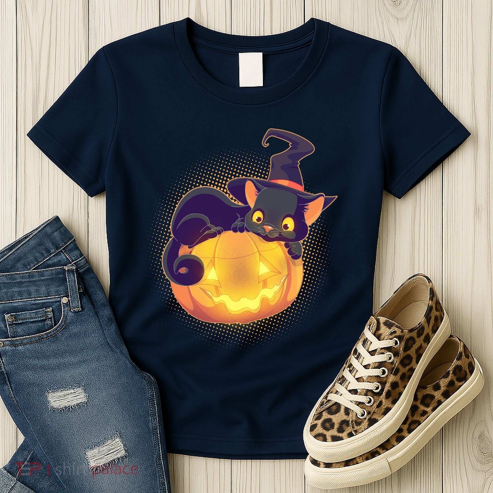 Cute Halloween Glowing Pumpkin Jackolantern Witch Cat Women's T-Shirt