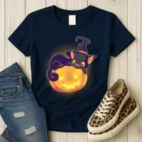 Cute Halloween Glowing Pumpkin Jackolantern Witch Cat Women's T-Shirt thumb 3