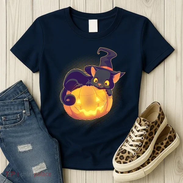 Cute Halloween Glowing Pumpkin Jackolantern Witch Cat Women's T-Shirt