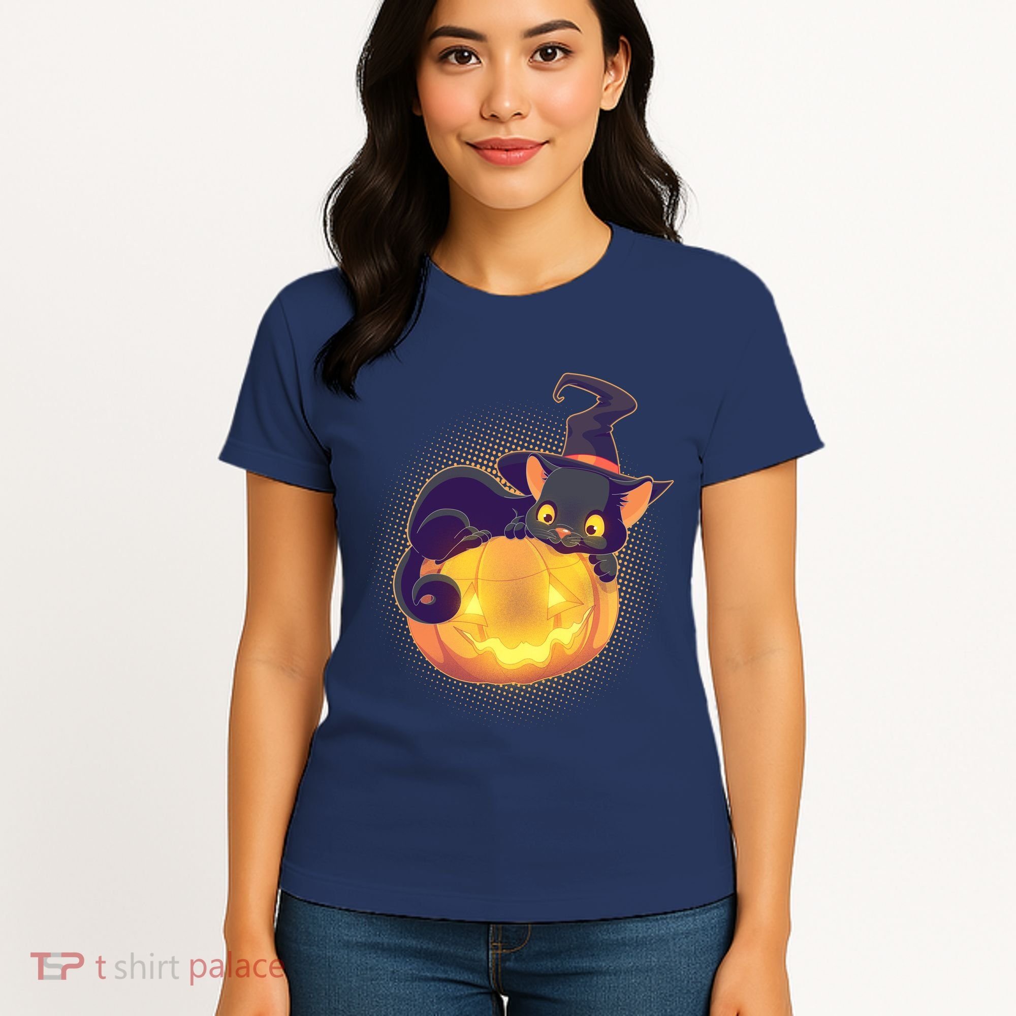 Cute Halloween Glowing Pumpkin Jackolantern Witch Cat Women's T-Shirt