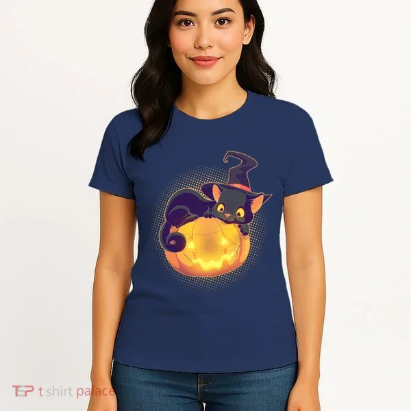 Cute Halloween Glowing Pumpkin Jackolantern Witch Cat Women's T-Shirt