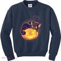 Cute Halloween Glowing Pumpkin Jackolantern Witch Cat Kids Sweatshirt thumb 0