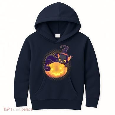 Cute Halloween Glowing Pumpkin Jackolantern Witch Cat Kids Hoodie