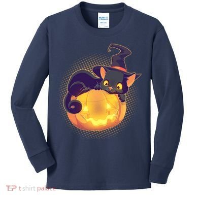 Cute Halloween Glowing Pumpkin Jackolantern Witch Cat Kids Long Sleeve Shirt