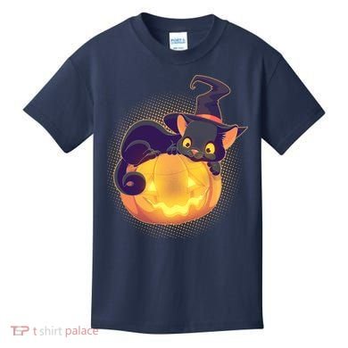 Cute Halloween Glowing Pumpkin Jackolantern Witch Cat Kids T-Shirt