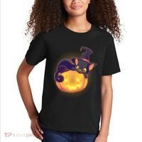 Cute Halloween Glowing Pumpkin Jackolantern Witch Cat Kids T-Shirt thumb 2
