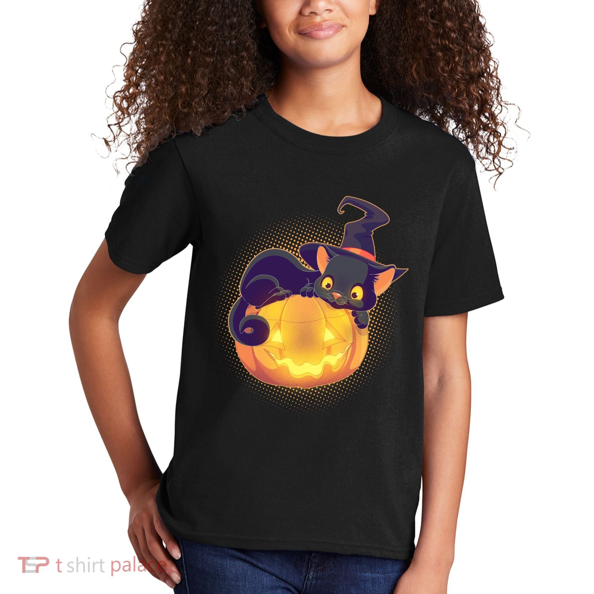 Cute Halloween Glowing Pumpkin Jackolantern Witch Cat Kids T-Shirt