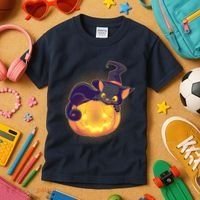 Cute Halloween Glowing Pumpkin Jackolantern Witch Cat Kids T-Shirt thumb 3
