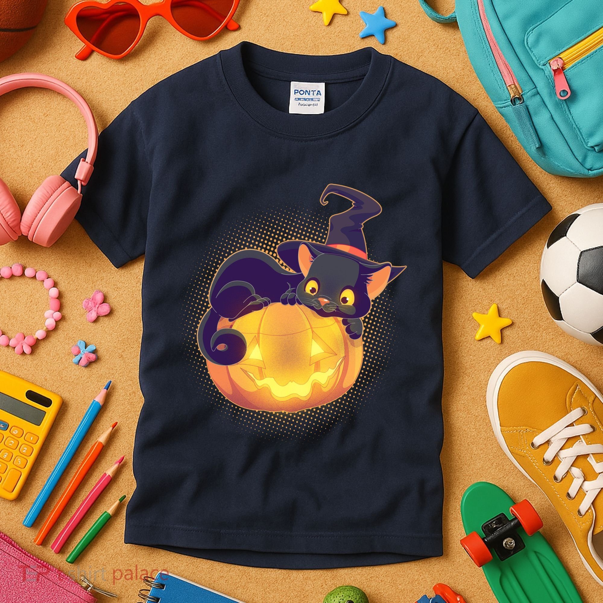 Cute Halloween Glowing Pumpkin Jackolantern Witch Cat Kids T-Shirt