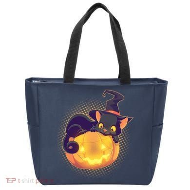 Cute Halloween Glowing Pumpkin Jackolantern Witch Cat Tote Bag