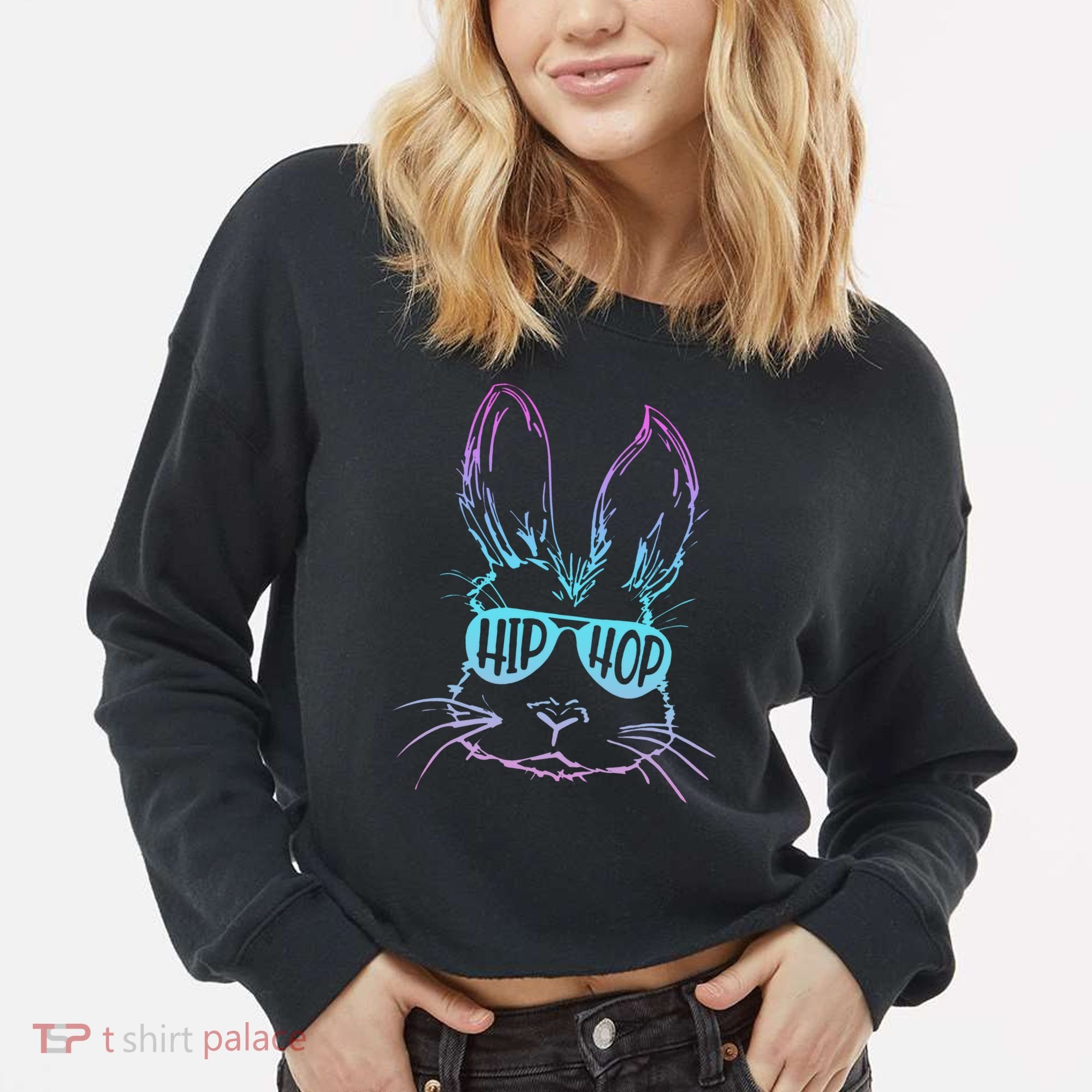 Cool Hip Hop Happy Easter Bunny Face With Sunglasses Cropped Pullover Crew