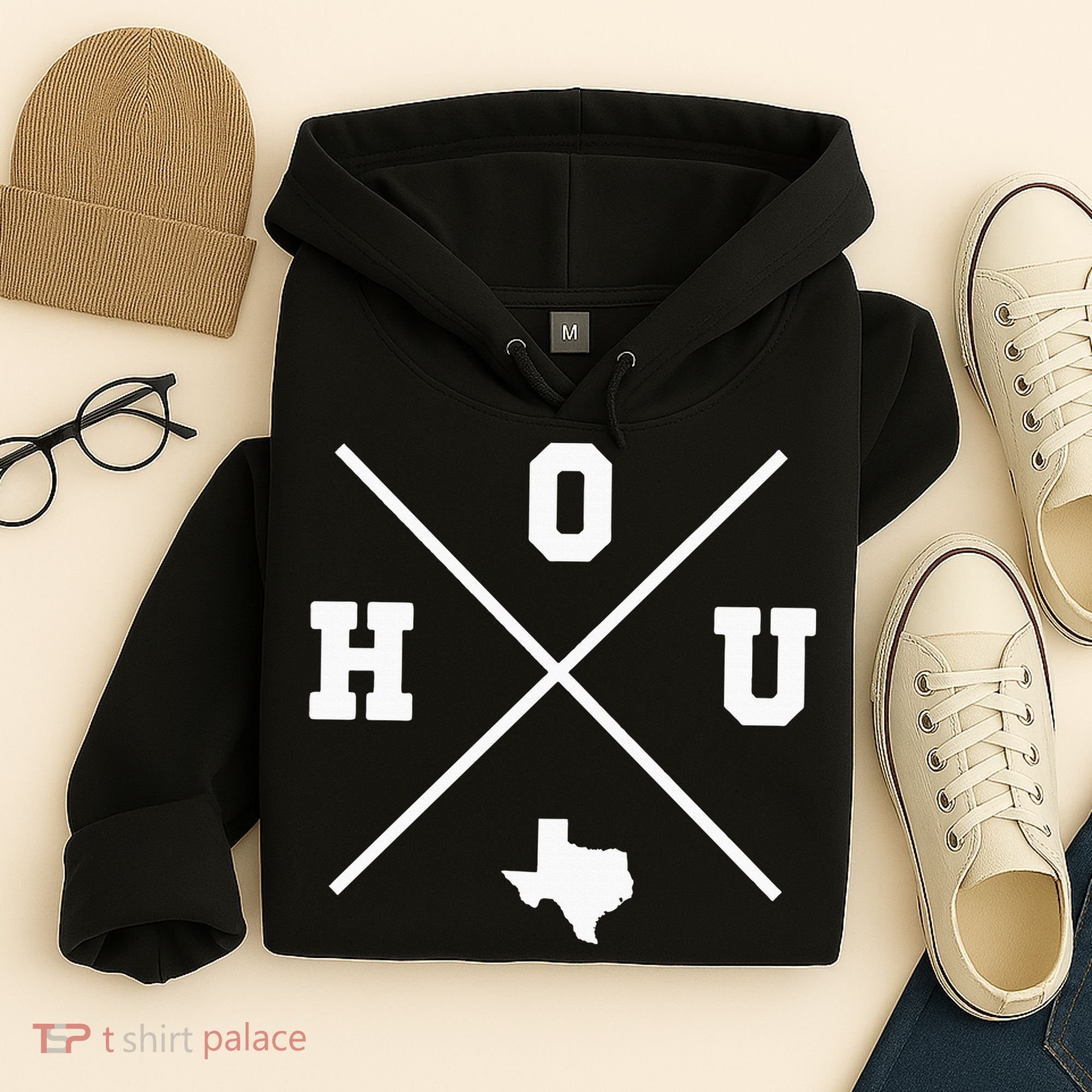 Classic Hou Houston Crossmark State Outline Hoodie