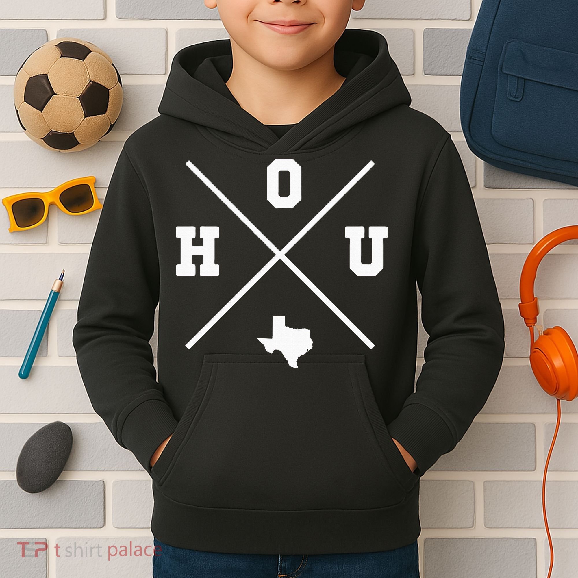 Classic Hou Houston Crossmark State Outline Kids Hoodie