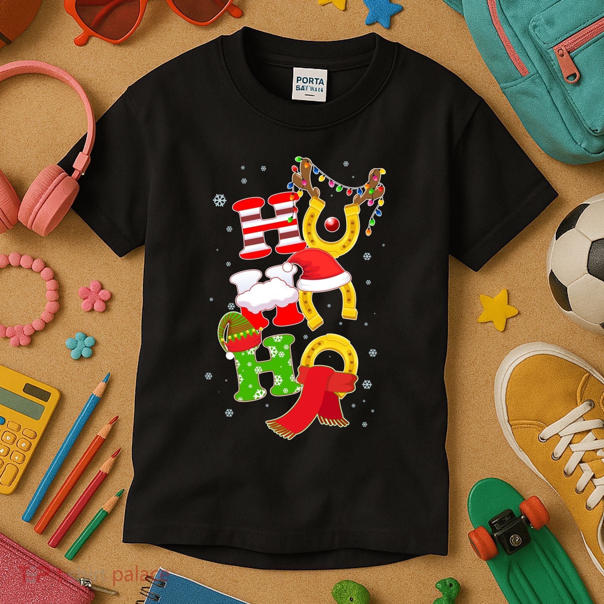 Christmas Ho Ho Ho Reindeer Horseshoes Kids T-Shirt