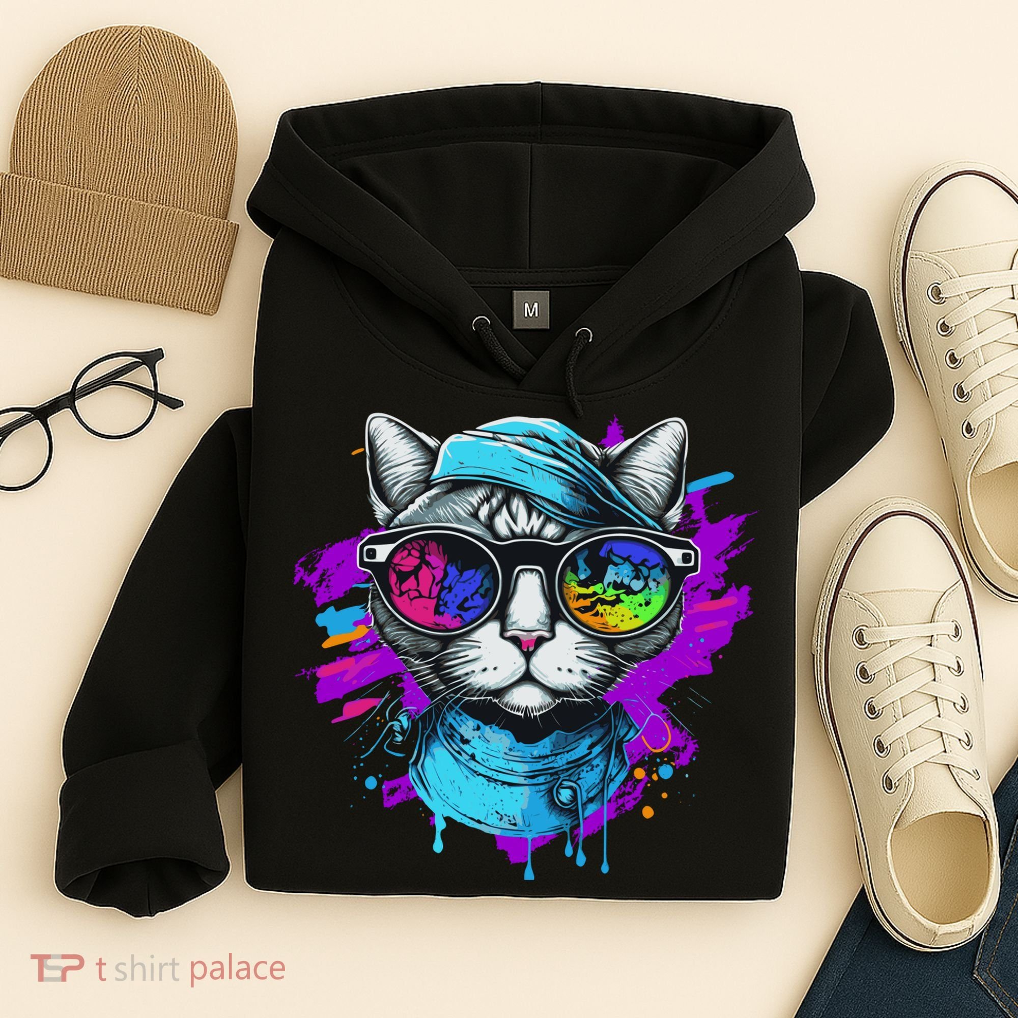 Cool Hipster Hip Cat With Shades Scarf And Hat Hoodie
