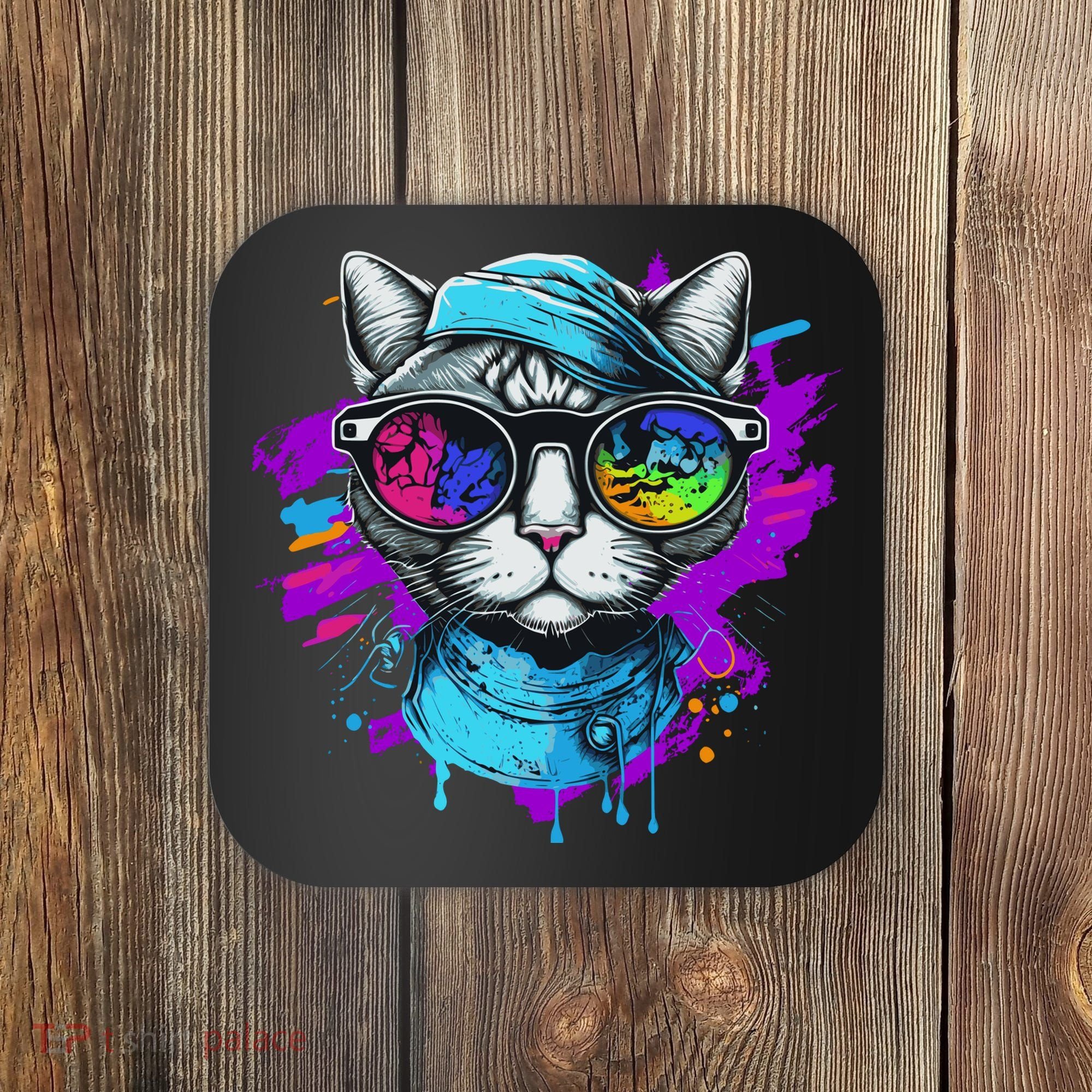 Cool Hipster Hip Cat With Shades Scarf And Hat Coaster