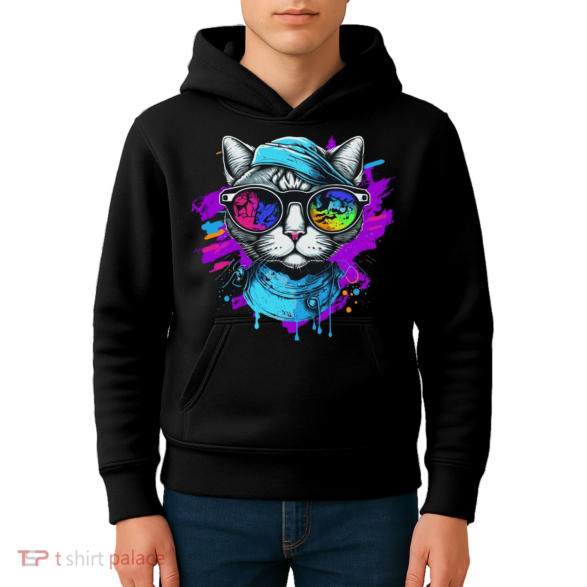 Cool Hipster Hip Cat With Shades Scarf And Hat Kids Hoodie