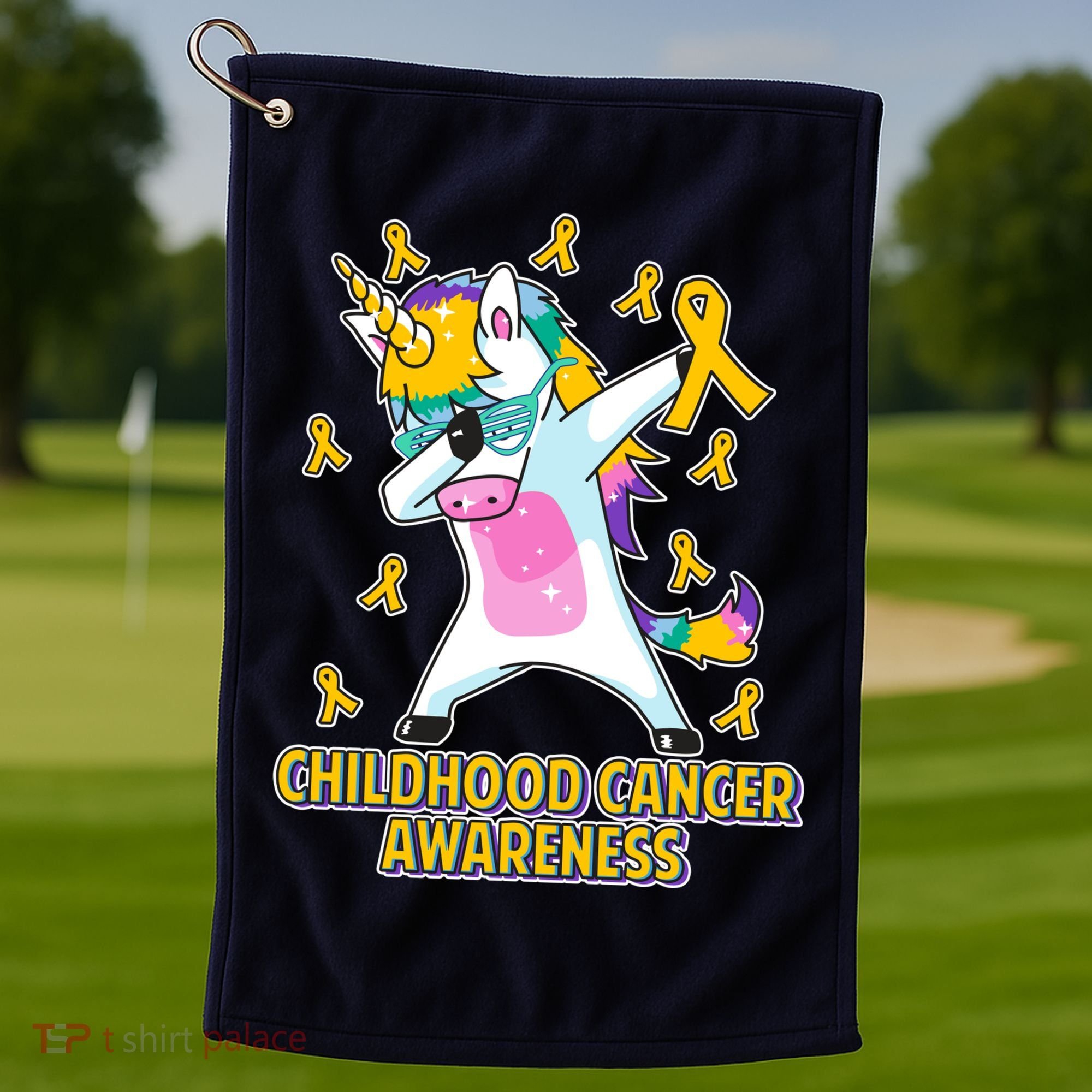 Childhood Cancer Awareness Dabbing Unicorn Golf Towel