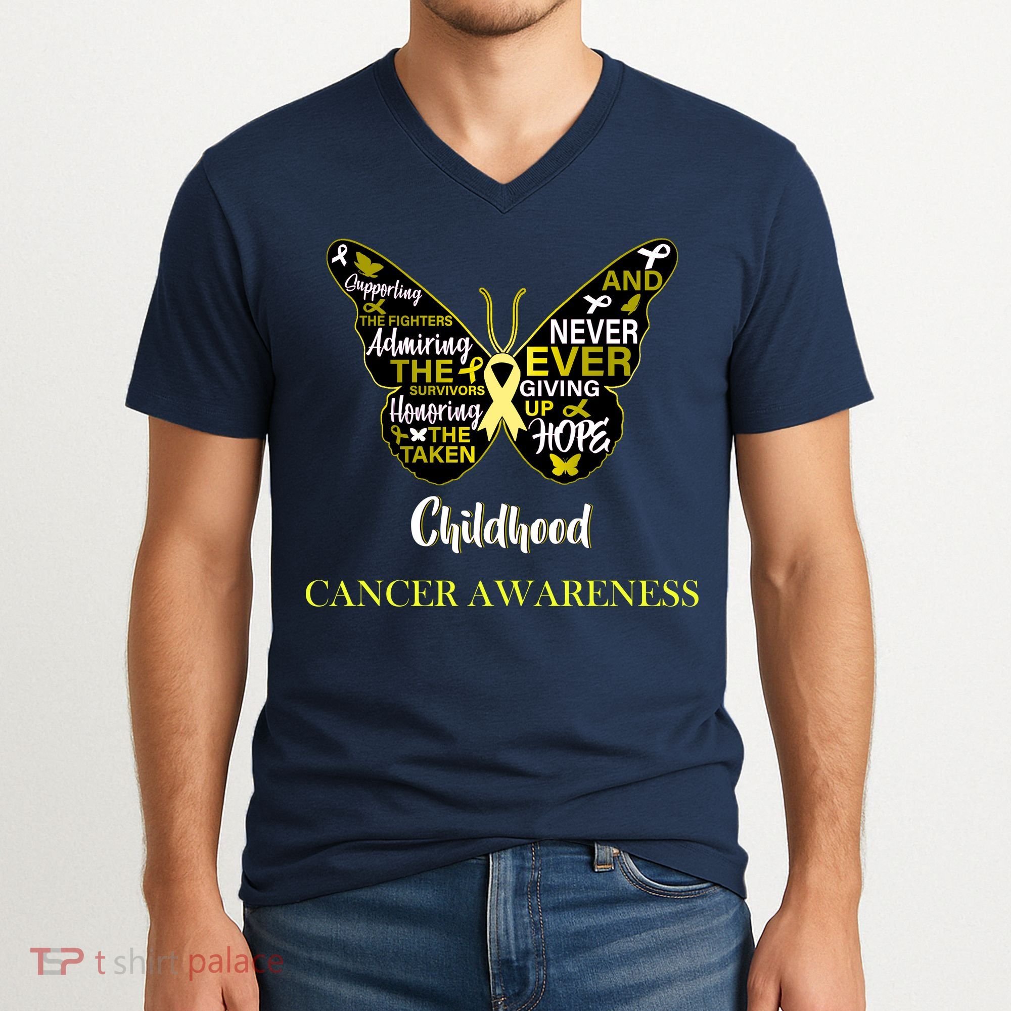 Childhood Cancer butterfly  V-Neck T-Shirt