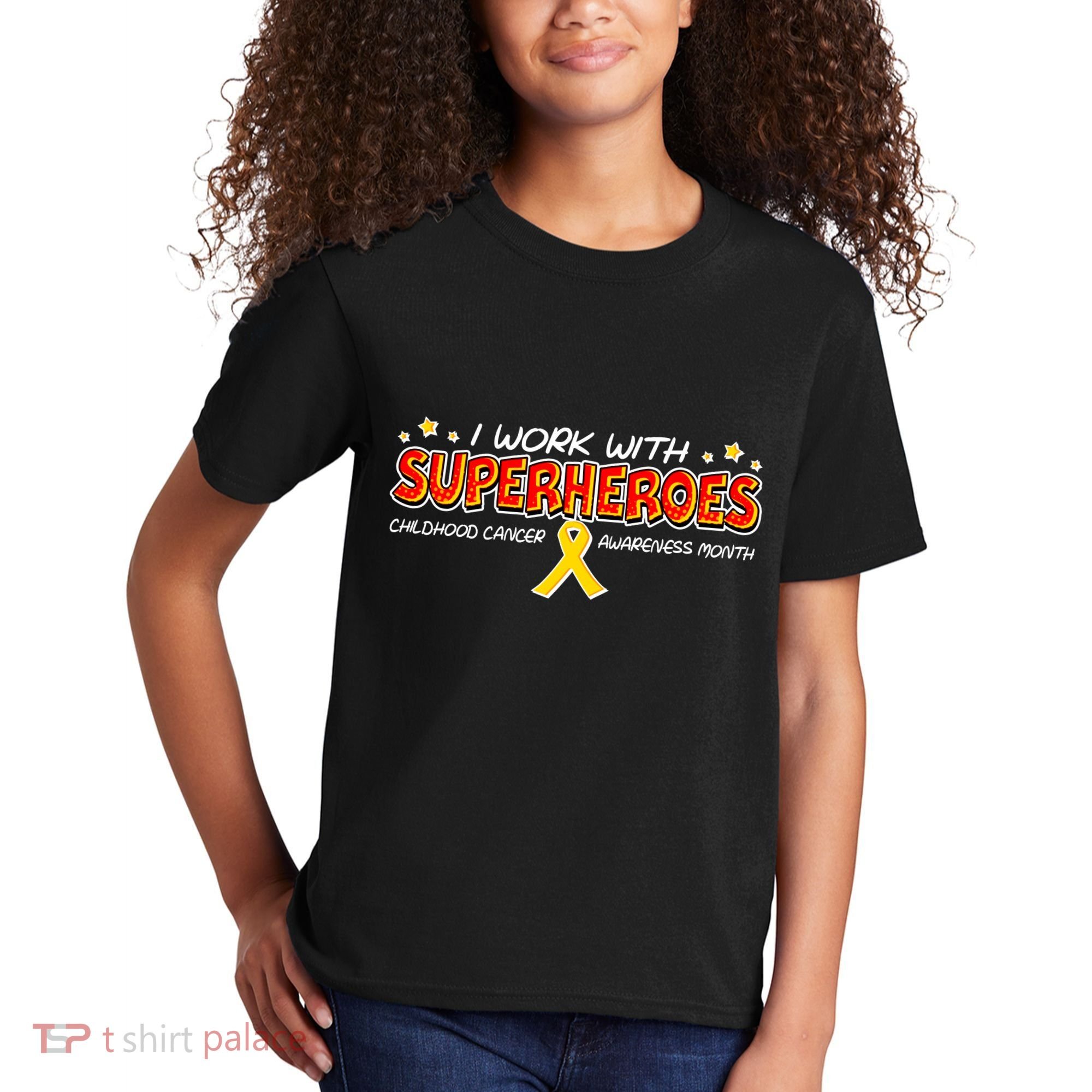 Childhood Cancer I Work With Superheroes Kids T-Shirt
