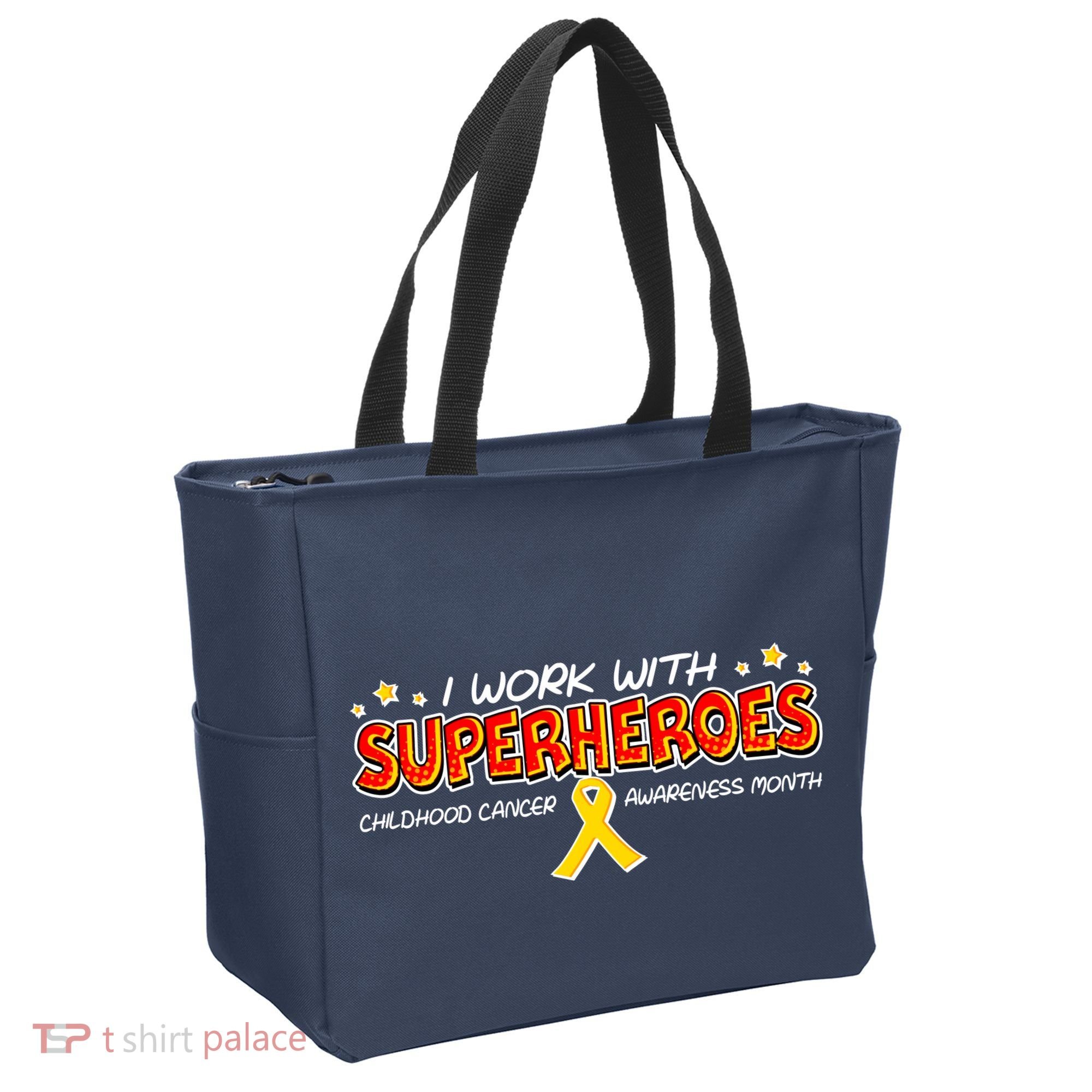 Childhood Cancer I Work With Superheroes Tote Bag