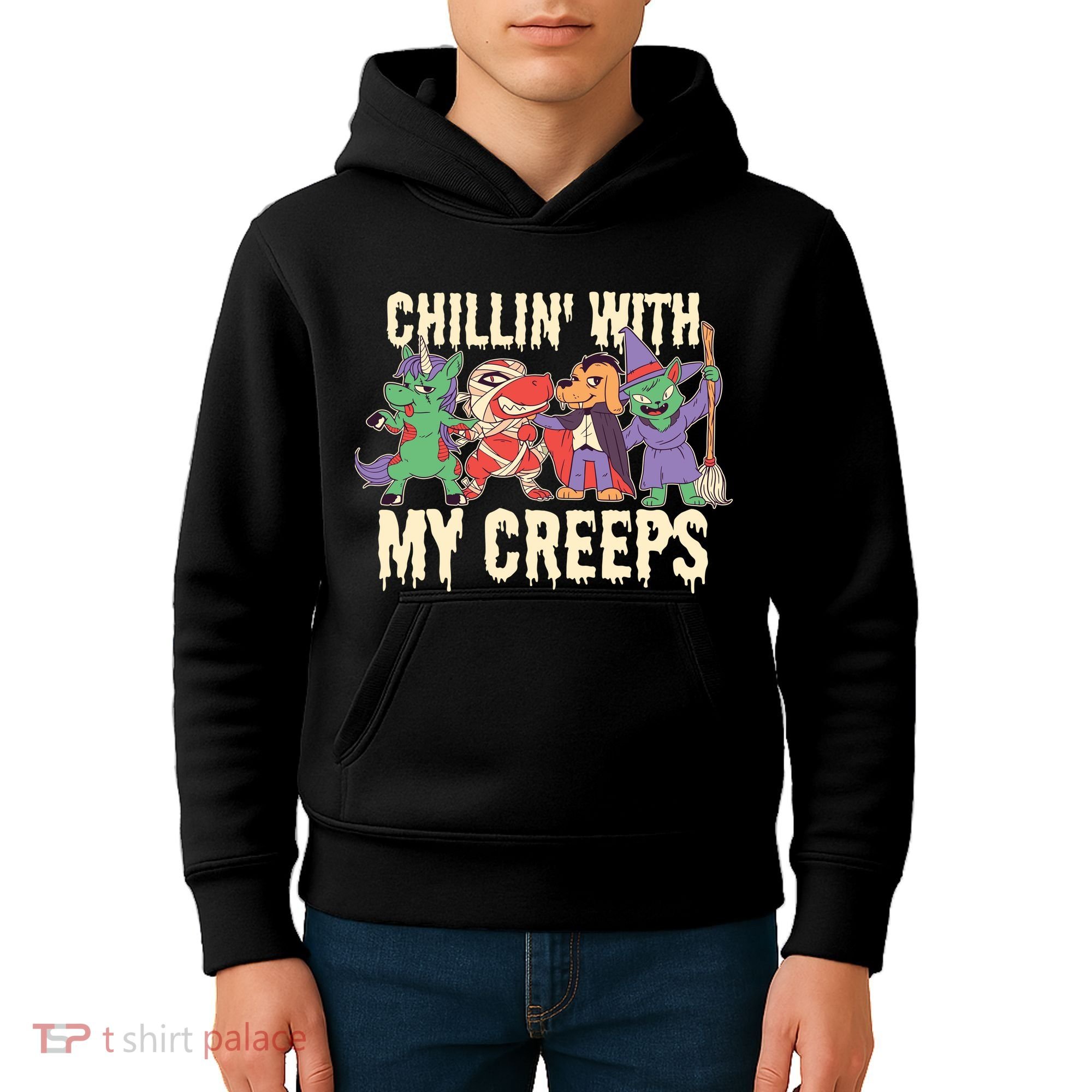 Chillin With My Creeps Halloween Animals Kids Hoodie