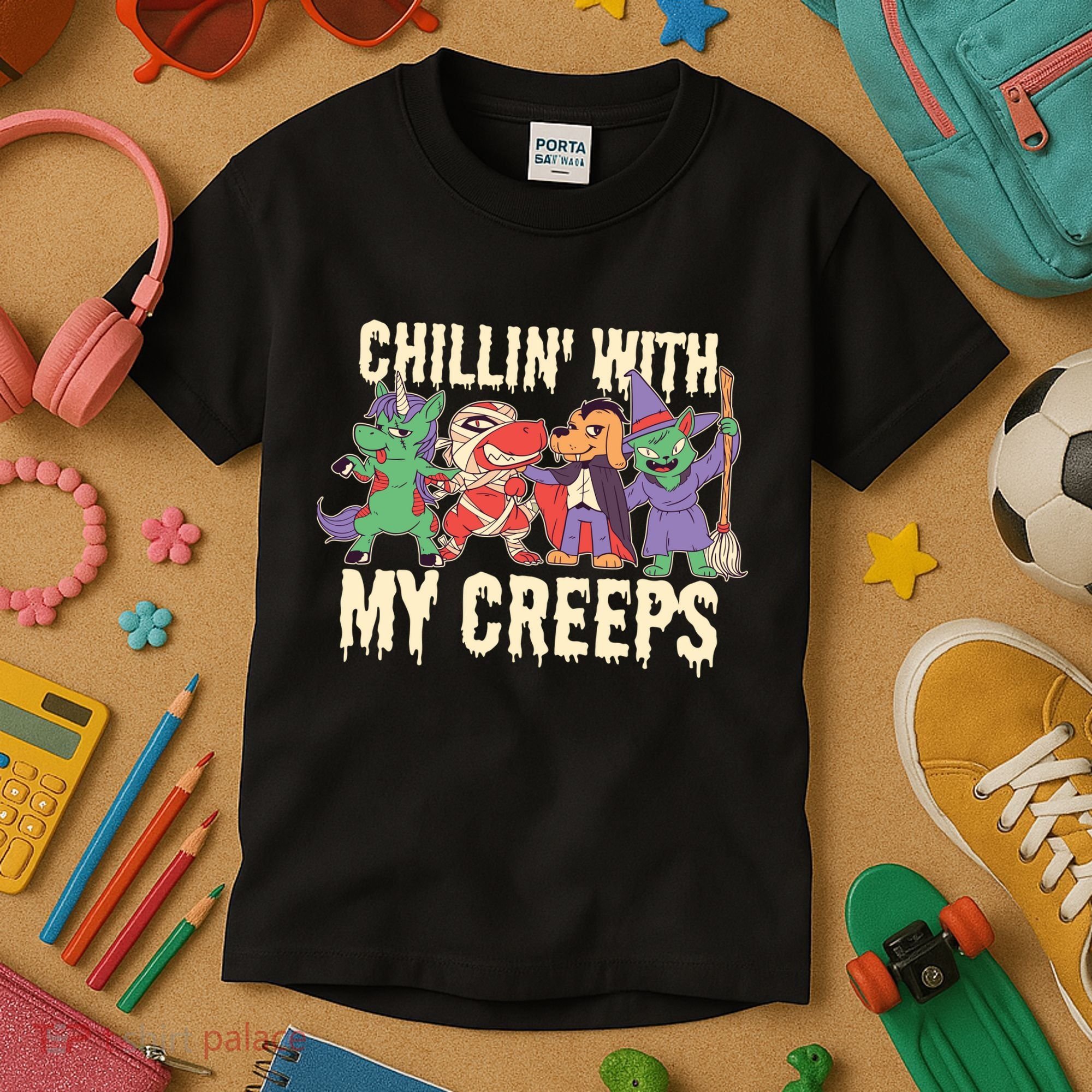 Chillin With My Creeps Halloween Animals Kids T-Shirt