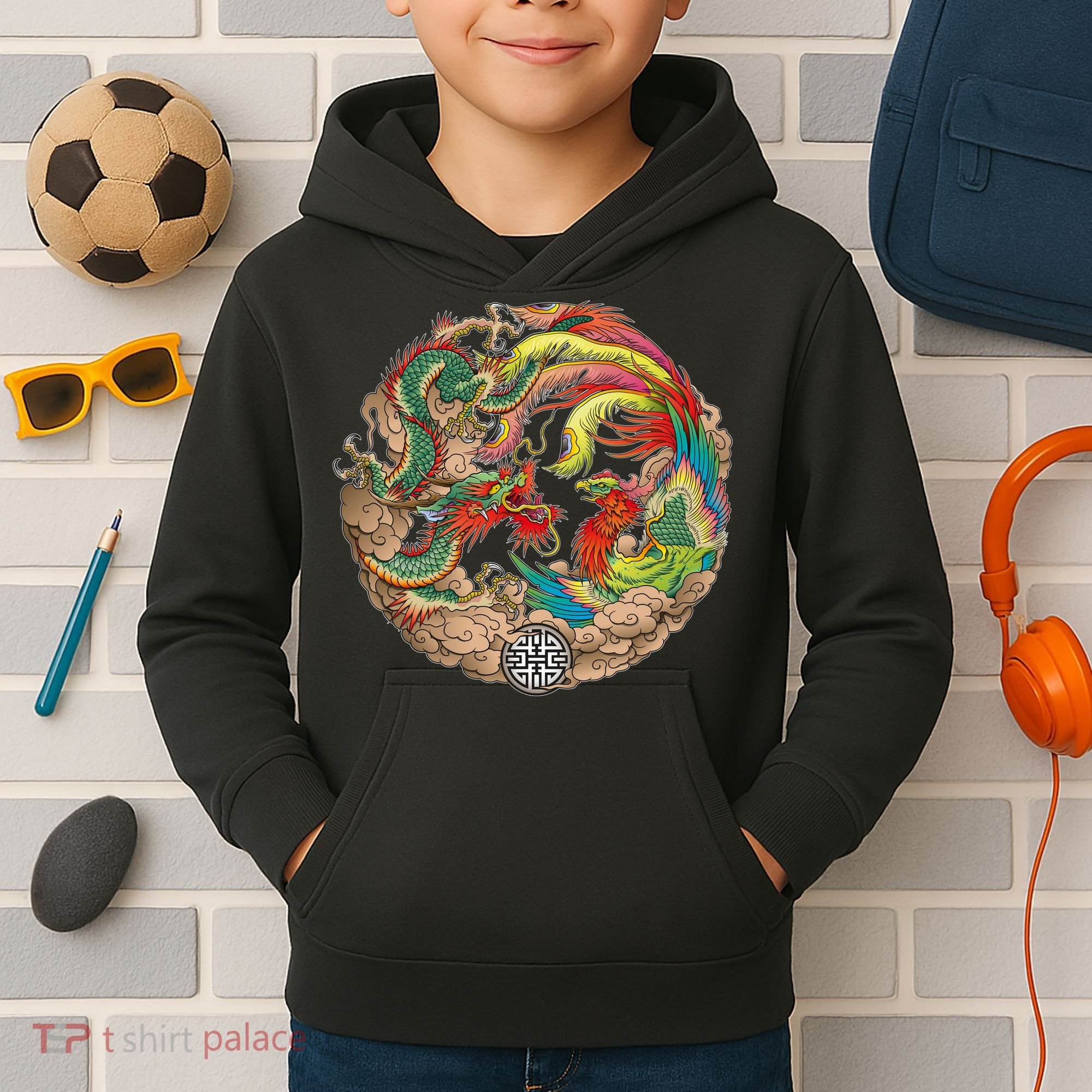 Chinese Dragon and Phoenix Yin Yang Kids Hoodie