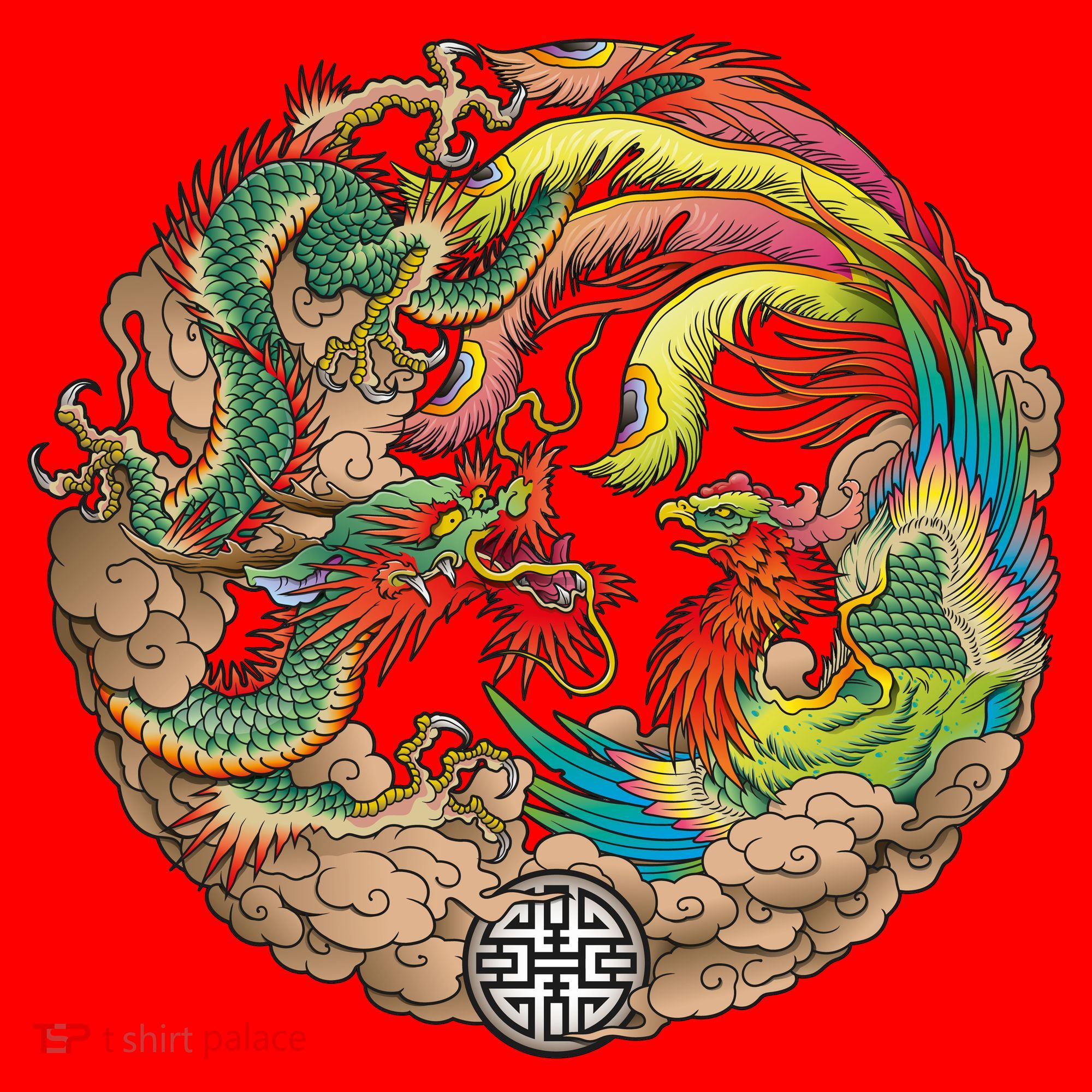 Chinese Dragon and Phoenix Yin Yang Santa Hat