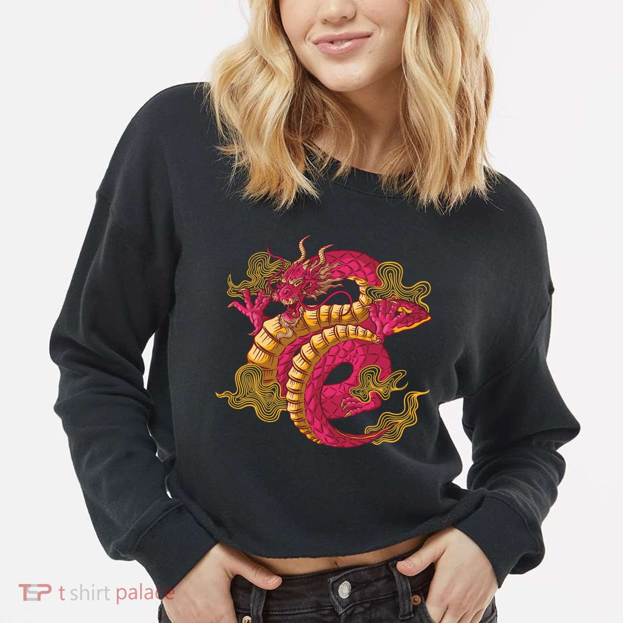 Chinese Dragon Creature Cropped Pullover Crew
