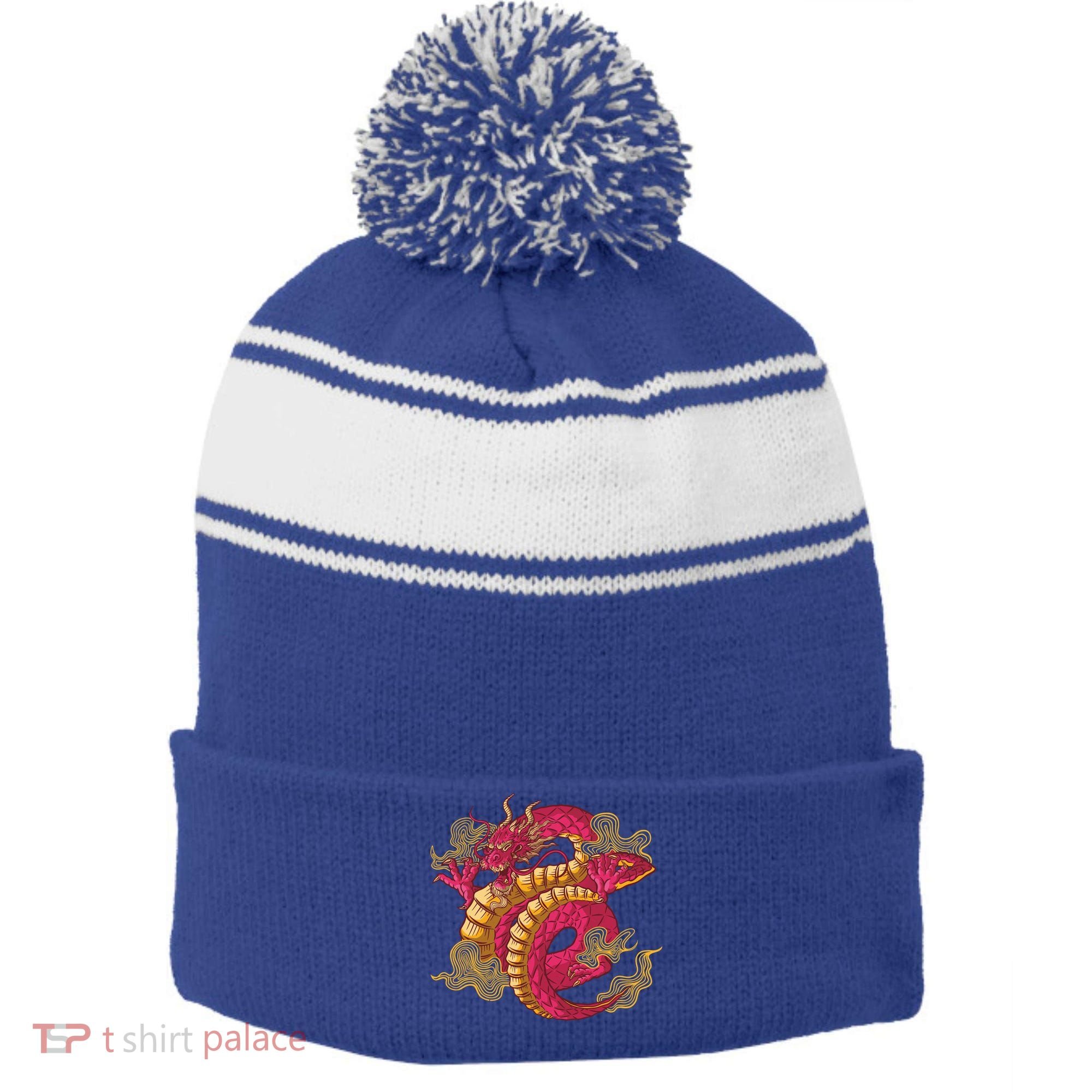 Chinese Dragon Creature Stripe Pom Pom Beanie