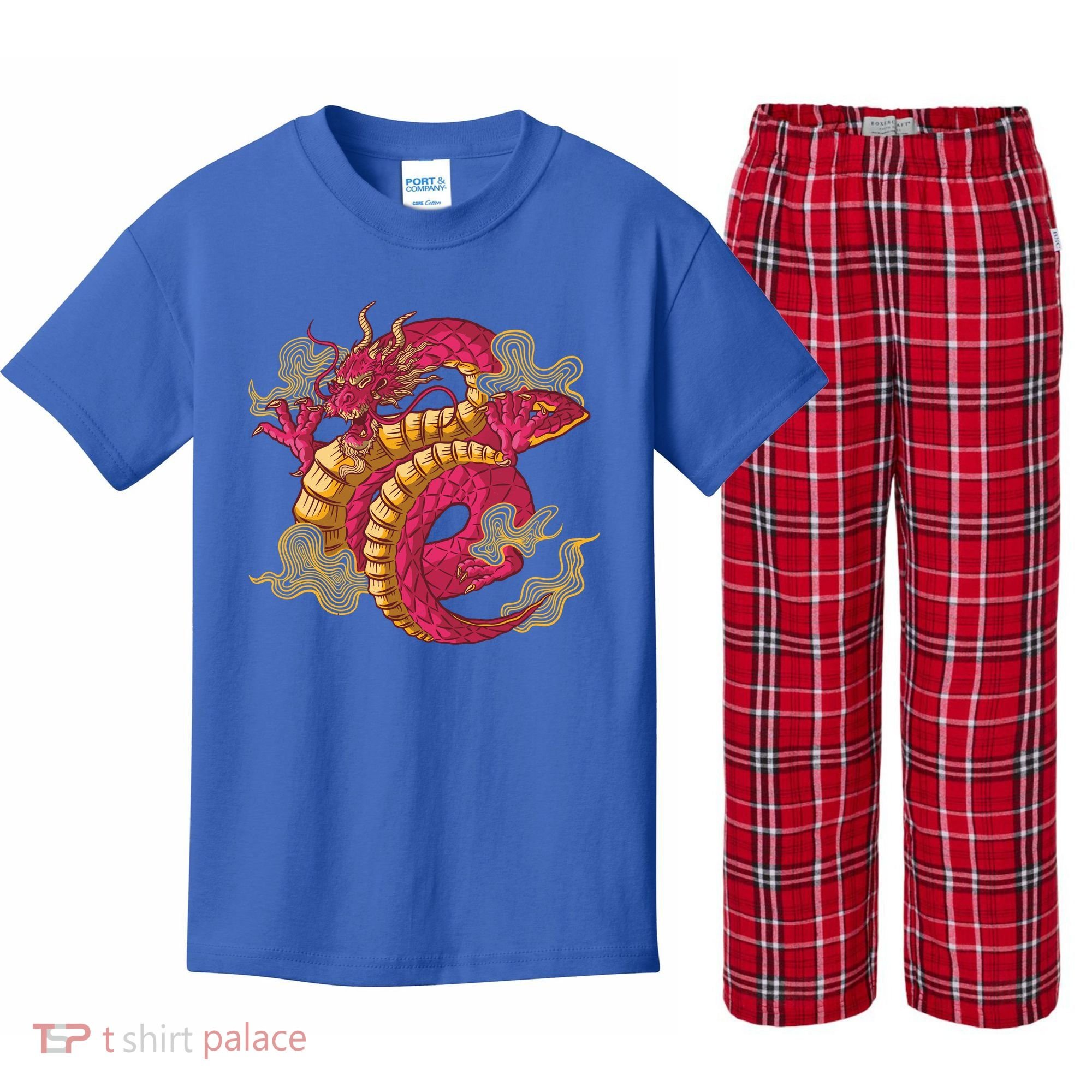 Chinese Dragon Creature Kids Plaid Pajama Set