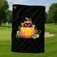 Cute Halloween Jackolantern PumpkinBlack Cat Golf Towel thumb 1